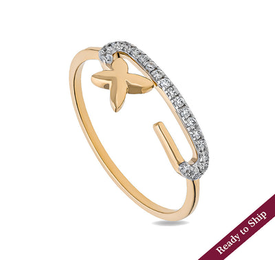 Привлекательное стильное повседневное кольцо из желтого золота с круглым бриллиантом и зубцом в комплекте 
