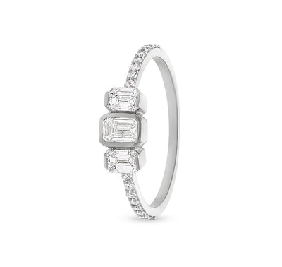Three Emerald Shape and Round Cut Diamond White Gold Casual Ring