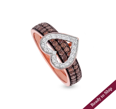 Обручальное кольцо из белого золота в форме сердца с коричневым натуральным круглым бриллиантом 