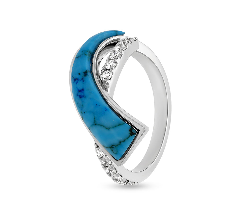 Sky Blue Turquoise Stone With Round Cut Diamonds White Gold Casual Ring