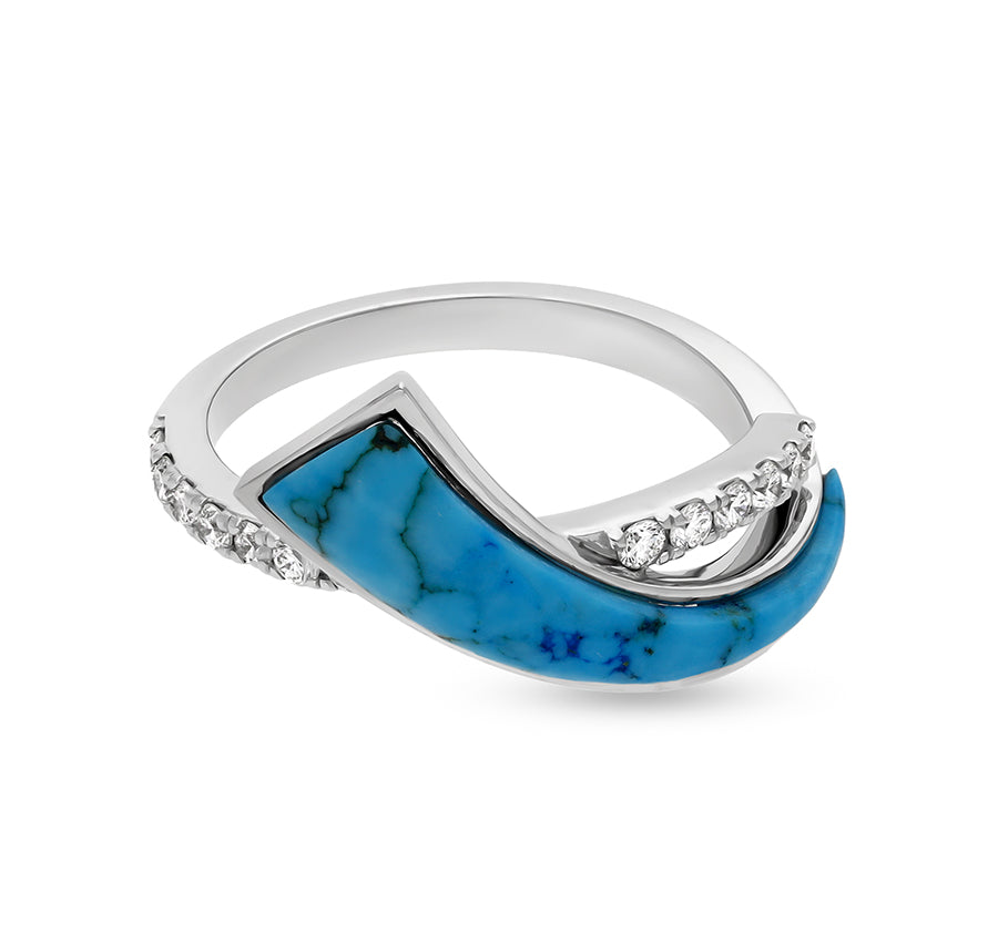 Sky Blue Turquoise Stone With Round Cut Diamonds White Gold Casual Ring