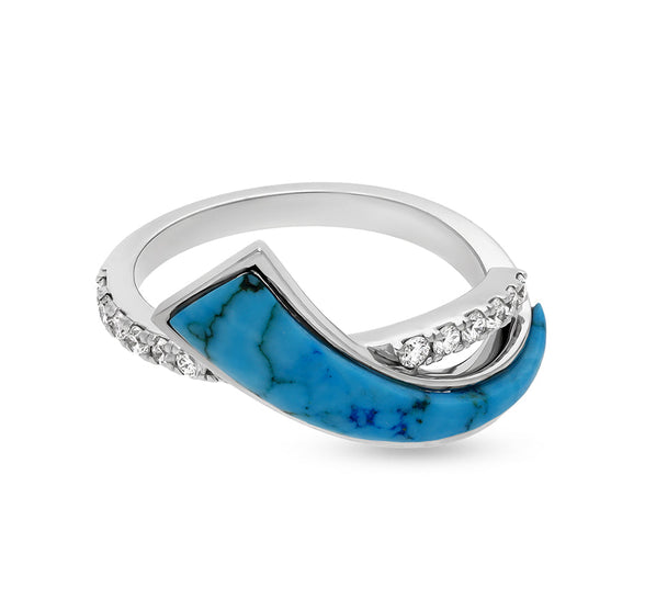 Sky Blue Turquoise Stone With Round Cut Diamonds White Gold Casual Ring