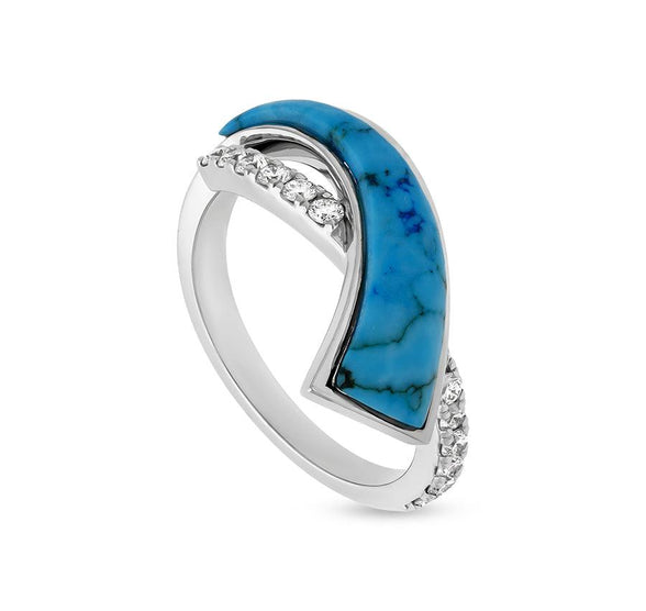 Sky Blue Turquoise Stone With Round Cut Diamonds White Gold Casual Ring