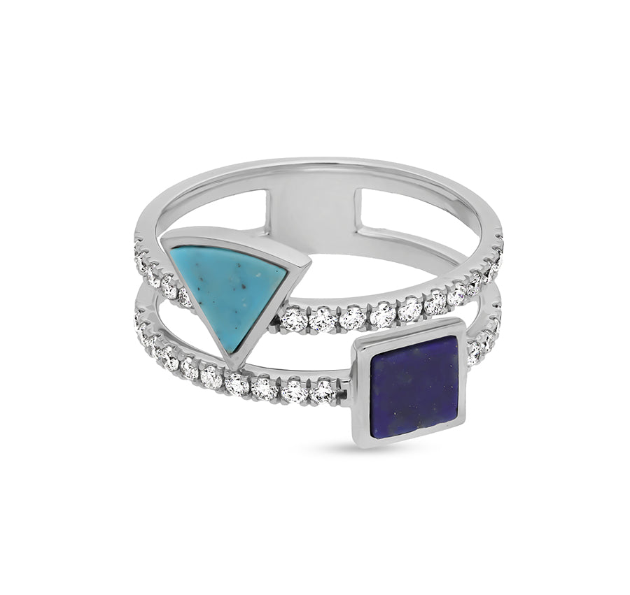 Square Lapis and Cone Turquoise Stone With Natural Diamond White Gold Casual Ring