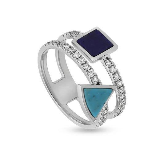 Square Lapis and Cone Turquoise Stone With Natural Diamond White Gold Casual Ring