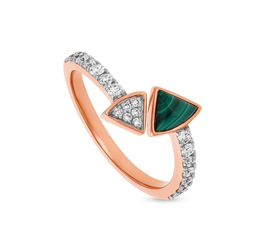 Twice Tringle Shape With Green Malachite Open Band Rose Gold Casual Ring