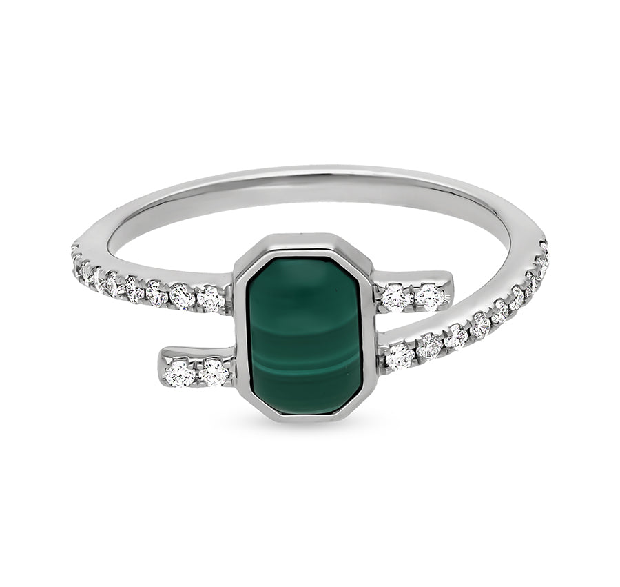 Octagonal Shape With Green Malachite Stone and Natural Diamond White Gold Casual Ring