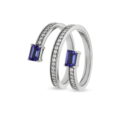 Spring Shape With Twin Blue Tanzanite Open Band White Gold Casual Ring