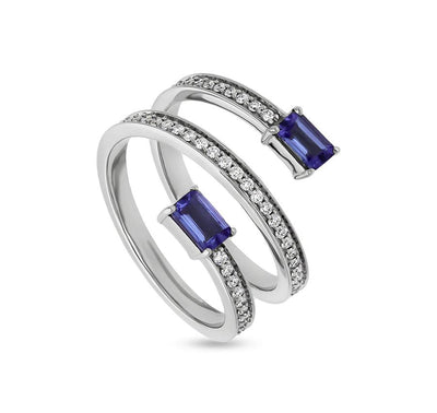 Spring Shape With Twin Blue Tanzanite Open Band White Gold Casual Ring