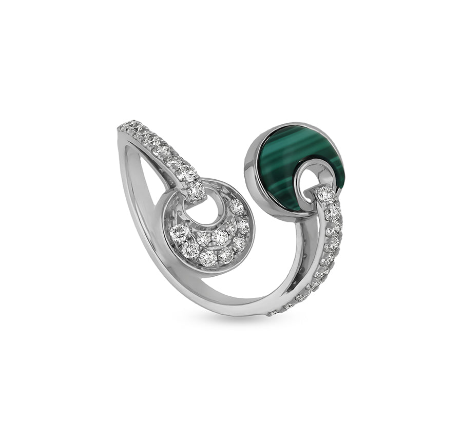 Twin Annular Shape With Green Malachite Open Band White Gold Casual Ring