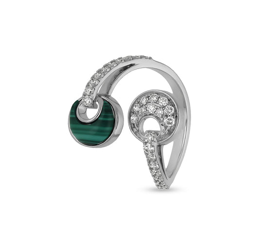Повседневное кольцо из белого золота двойной кольцевой формы с открытым ремешком из зеленого малахита 