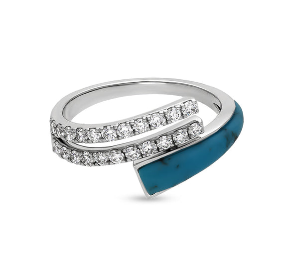 Sky Blue Turquoise With Round Natural Diamond Bypass White Gold Casual Ring
