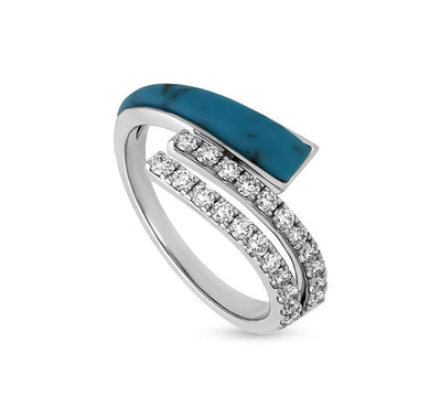 Sky Blue Turquoise With Round Natural Diamond Bypass White Gold Casual Ring