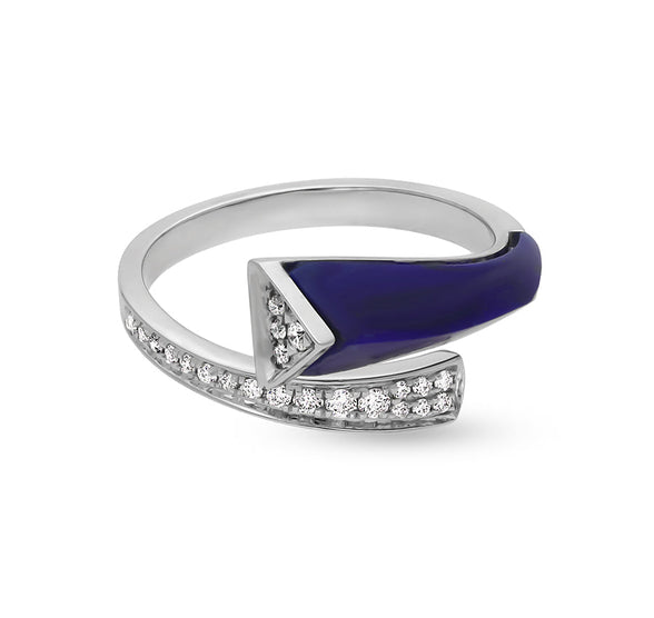 Polyhedron Dark Blue Lapis With Round Diamond Bypass White Gold Casual Ring