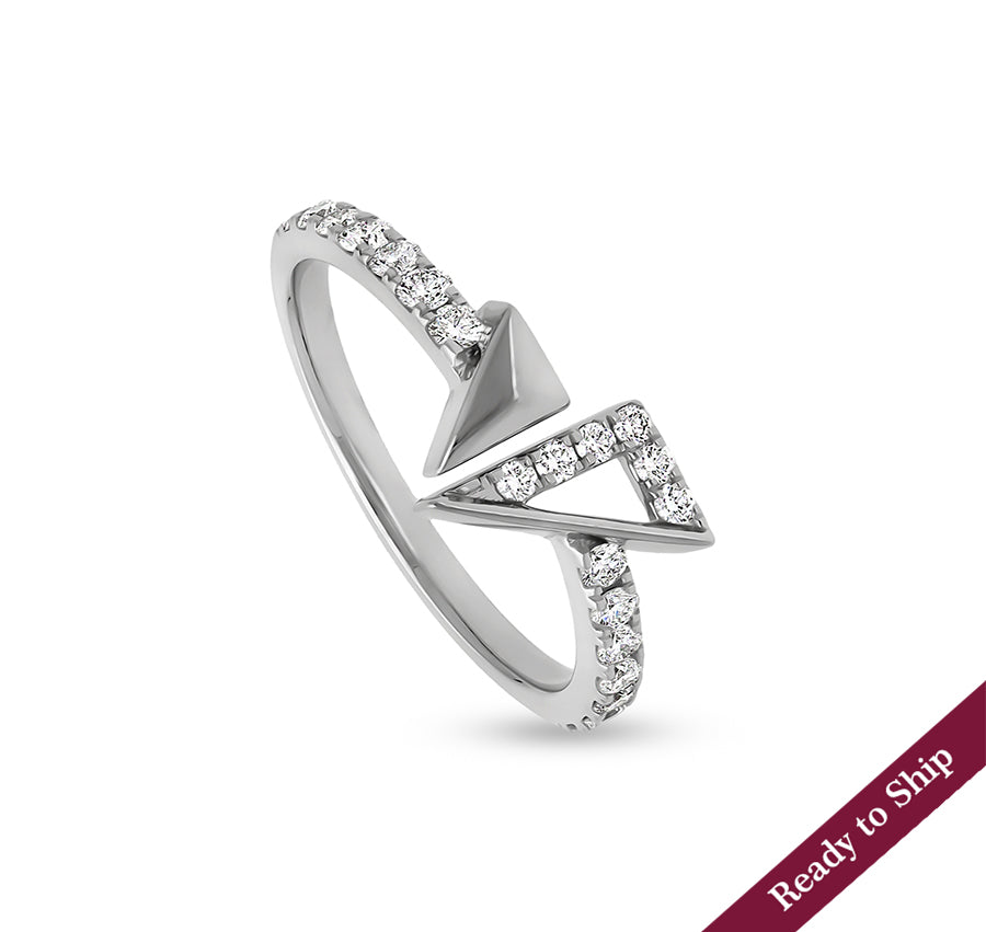 Pyramid Shape With Round Natural Diamond  White Gold Open Casual Ring
