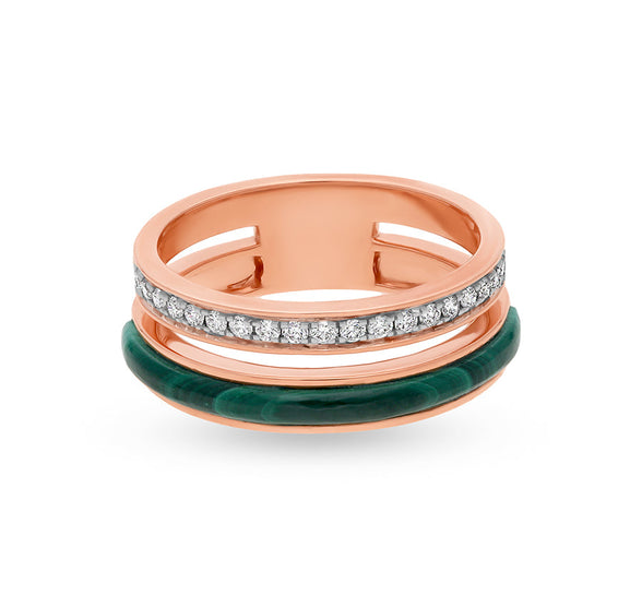 Зеленый малахитовый круглый бриллиант с каналом из розового золота 