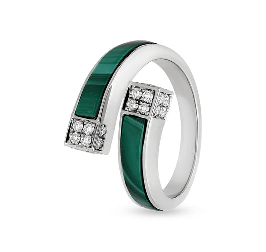 Green Malachite With Natural Diamond  White Gold Bypass Ring