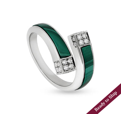Green Malachite With Natural Diamond  White Gold Bypass Ring