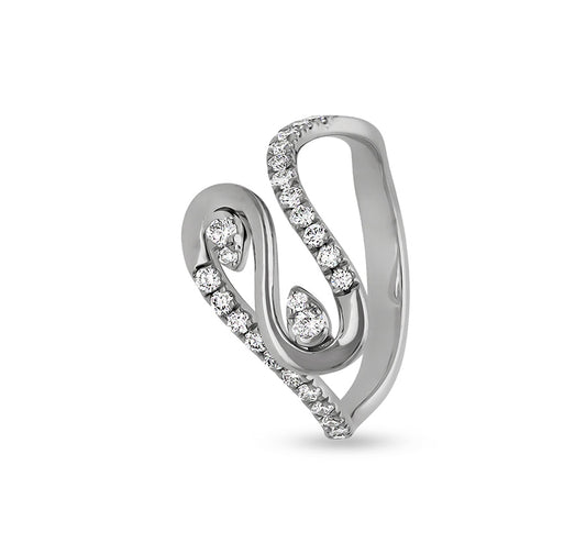 Повседневное кольцо из белого золота в форме волны с круглым натуральным бриллиантом во французской оправе 