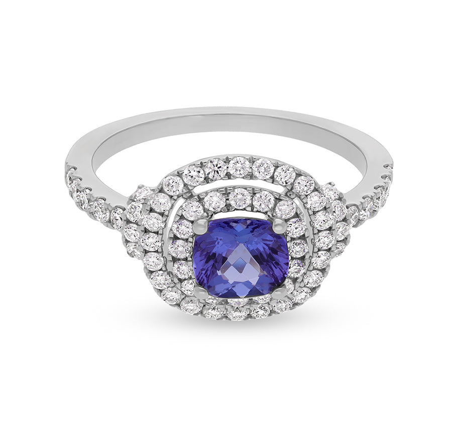 Spilvena formas zils tanzanīts ar apaļu dabīgā dimanta baltzelta saderināšanās gredzenu 