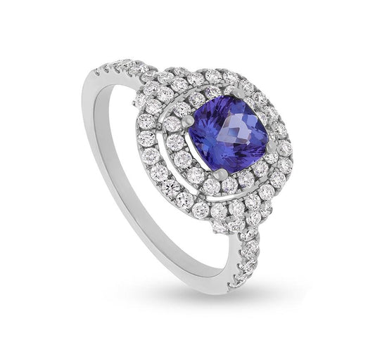 Cushion Shape Blue Tanzanite With Round Natural Diamond White Gold Engagement Ring