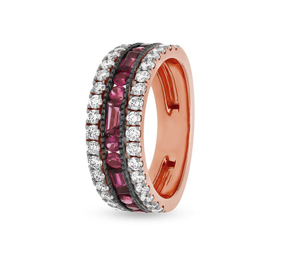 Повседневное кольцо из розового золота круглой формы с багетом и красным рубином и бриллиантами 