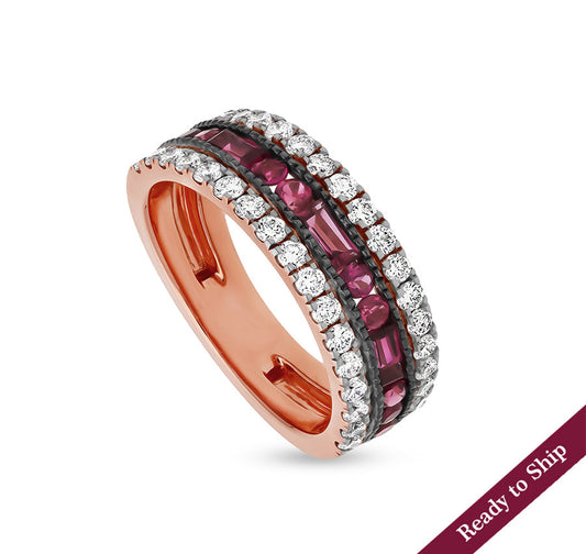 Baguette and Round Shape Red Ruby Diamond Rose Gold Casual Ring