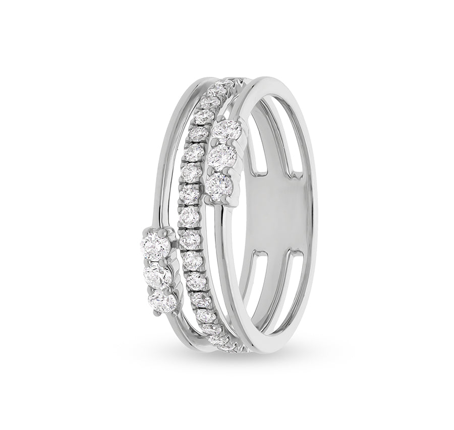 Повседневное кольцо из белого золота с трехрядным многослойным круглым натуральным бриллиантом 
