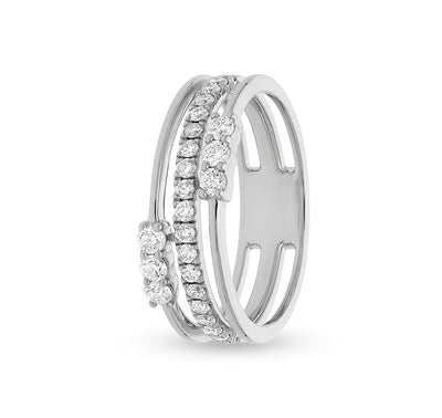 Three Row Layered Round Natural Diamond White Gold Casual Ring