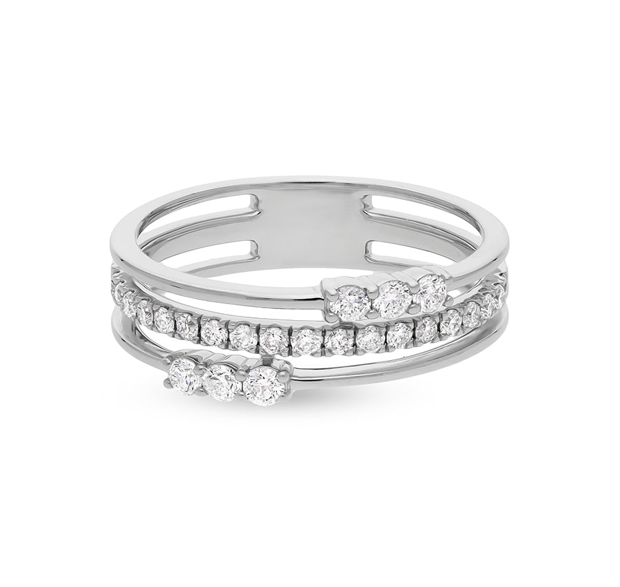 Three Row Layered Round Natural Diamond White Gold Casual Ring