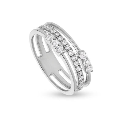 Three Row Layered Round Natural Diamond White Gold Casual Ring