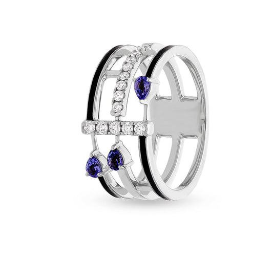 Повседневное кольцо из белого золота с синим танзанитом грушевидной формы и черной эмалью, круглый натуральный бриллиант, белое золото 