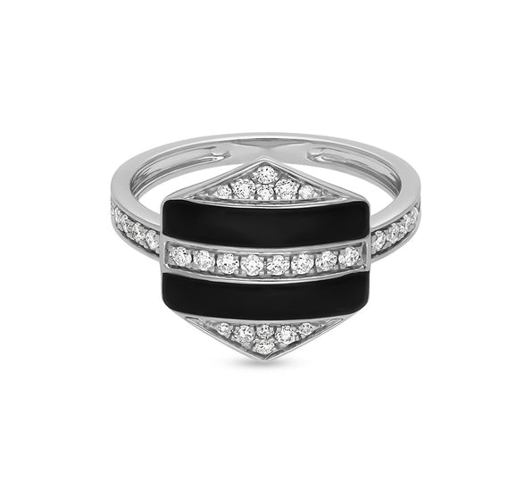 Hexagon Shape With Black Enamel Channel Set Round Cut Diamond White Gold Casual Ring