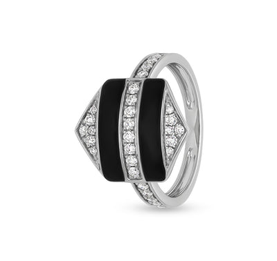 Hexagon Shape With Black Enamel Channel Set Round Cut Diamond White Gold Casual Ring