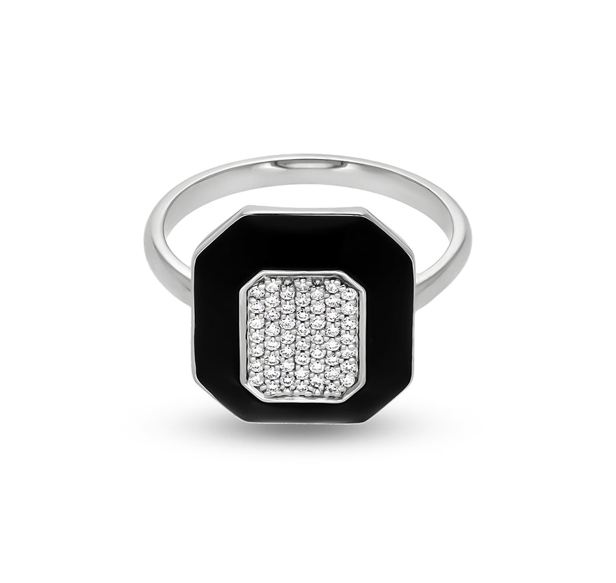 Octagon Shape With Black Enamel Pave Set Round Diamond White Gold Casual Ring