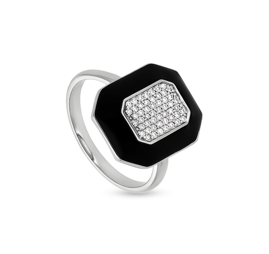 Повседневное кольцо из белого золота с круглым бриллиантом восьмиугольной формы и черной эмалью в паве 