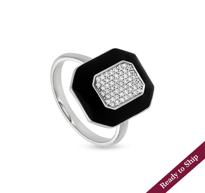 Octagon Shape With Black Enamel Pave Set Round Diamond White Gold Casual Ring