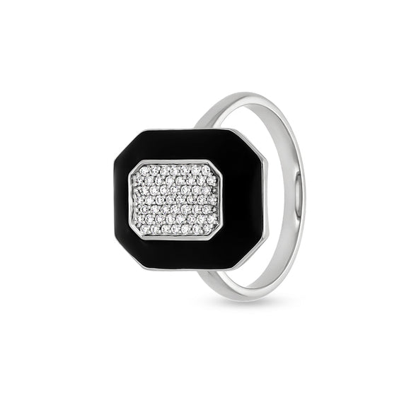 Octagon Shape With Black Enamel Pave Set Round Diamond White Gold Casual Ring