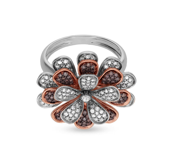 Daisy Flower Shape With Brown and White Round Natural Diamond Dual Tone cocktail Ring
