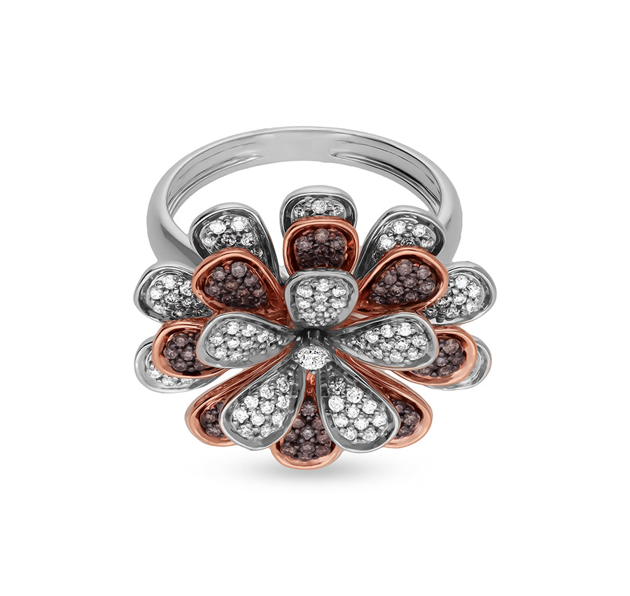 Daisy Flower Shape With Brown and White Round Natural Diamond Dual Tone Cocktail Ring