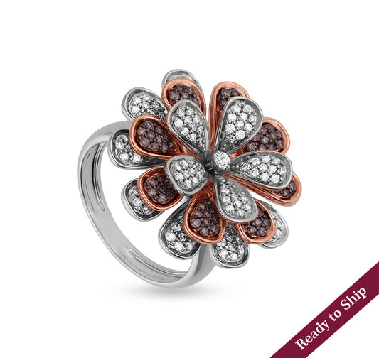 Daisy Flower Shape With Brown and White Round Natural Diamond Dual Tone Cocktail Ring