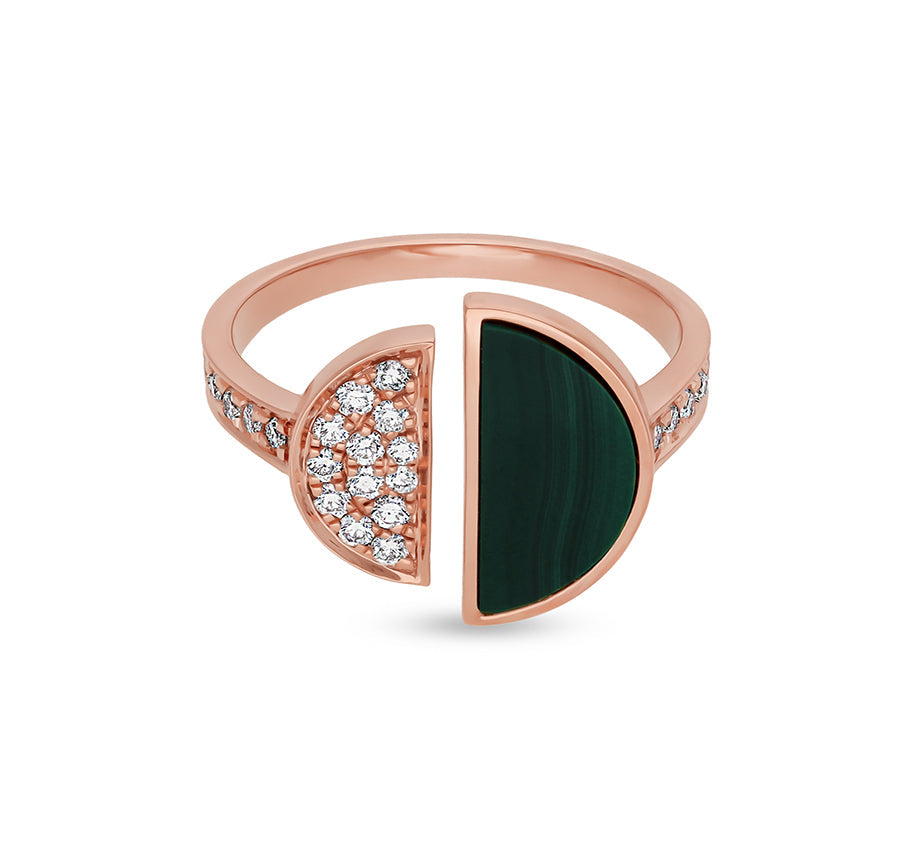 Green Malachite With Round Cut Diamond Double Half Circle Open Rose Gold  Casual Ring