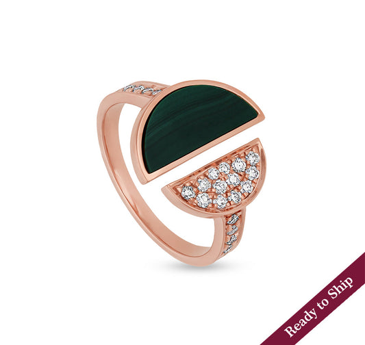 Green Malachite With Round Cut Diamond Double Half Circle Open Rose Gold  Casual Ring