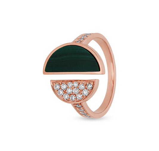 Повседневное кольцо из розового золота с зеленым малахитом и бриллиантом круглой огранки, двойной полукруг 