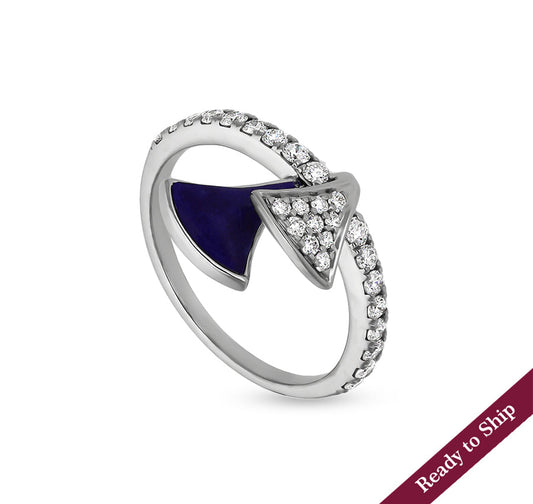 Dark Blue Lapis with Round Natural Diamond White Gold Casual Ring