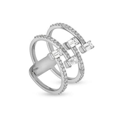 Повседневное кольцо изумрудной формы с круглым бриллиантом и двойной полосой из белого золота 