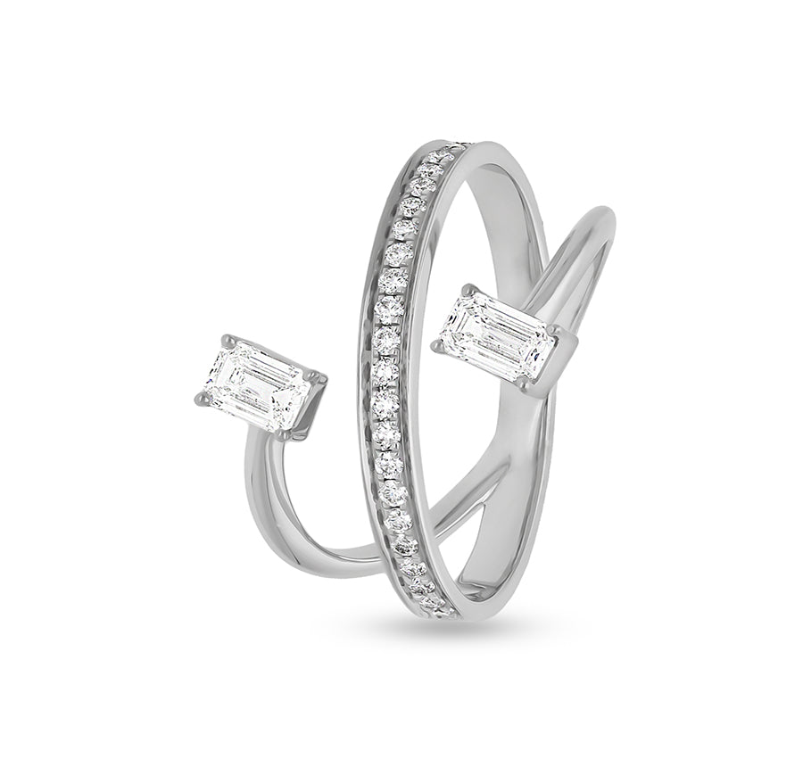 Double Emerald Cut With Channel Set Round Diamond White Gold Casual Ring