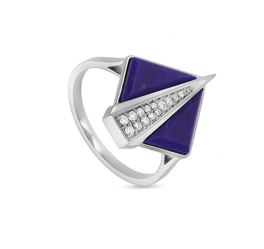 Rhombus Shape With Dark Blue Lapis Round Natural Diamond White Gold Casual Ring