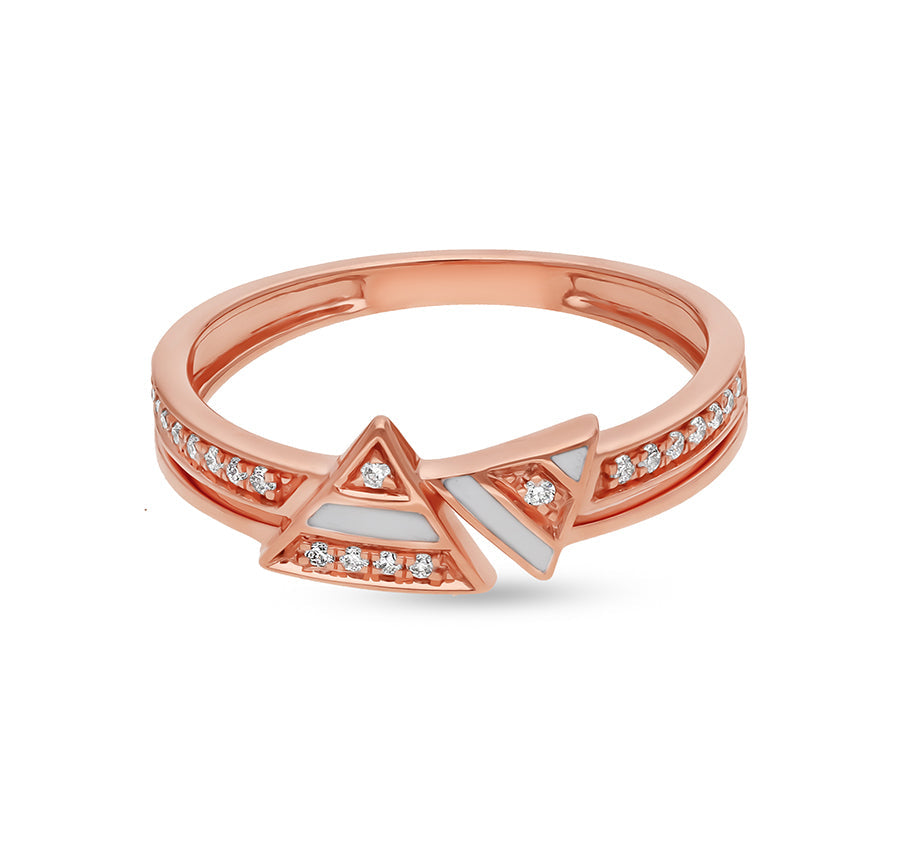 Triangle Shape White Enamel Round Cut Diamond Rose Gold Casual Ring