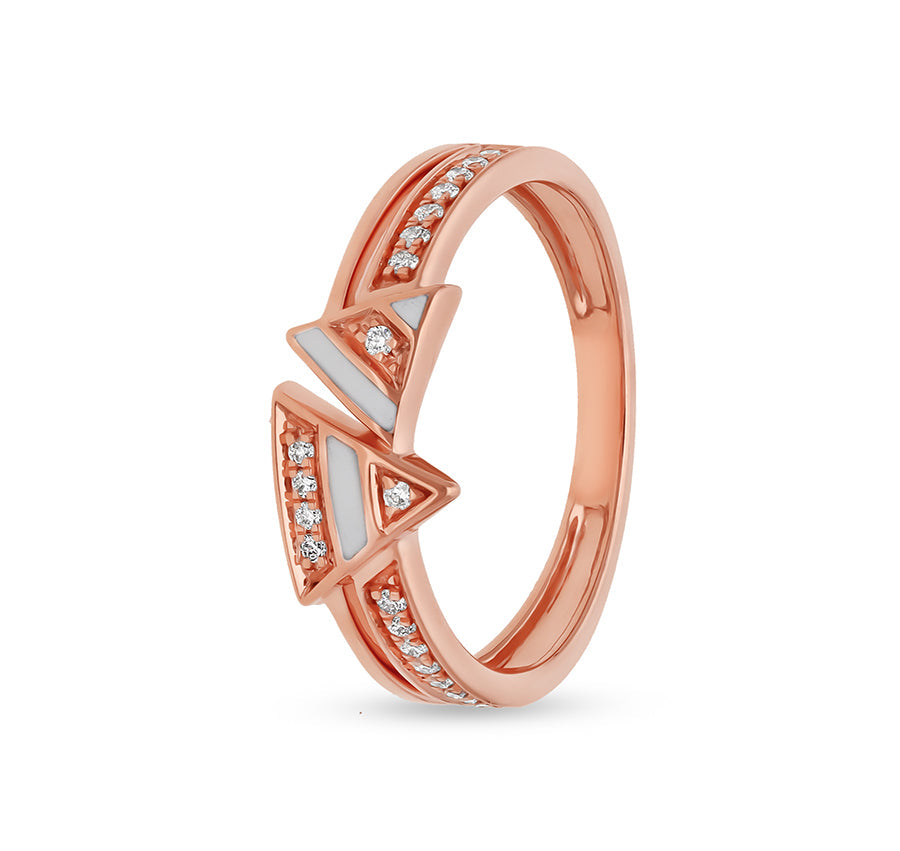 Triangle Shape White Enamel Round Cut Diamond Rose Gold Casual Ring